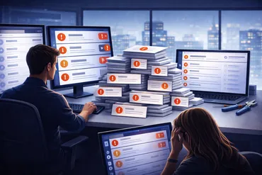 MSP engineer overwhelmed at desk surrounded by multiple monitors showing IT alerts