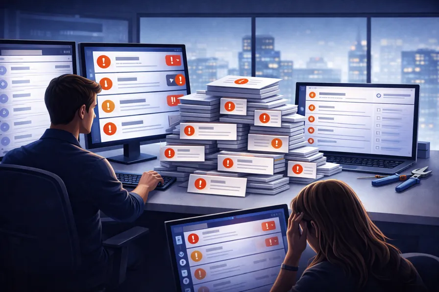 MSP engineer overwhelmed at desk surrounded by multiple monitors showing IT alerts