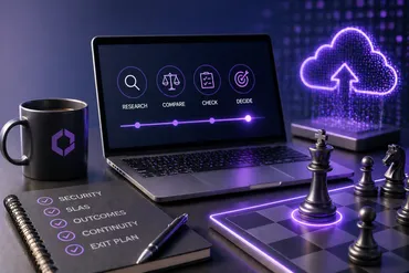 UK business professional reviewing MSP service options on laptop in modern London office