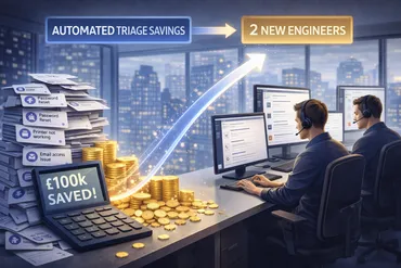 Calculator showing cost savings with engineering team icons and UK pound symbols