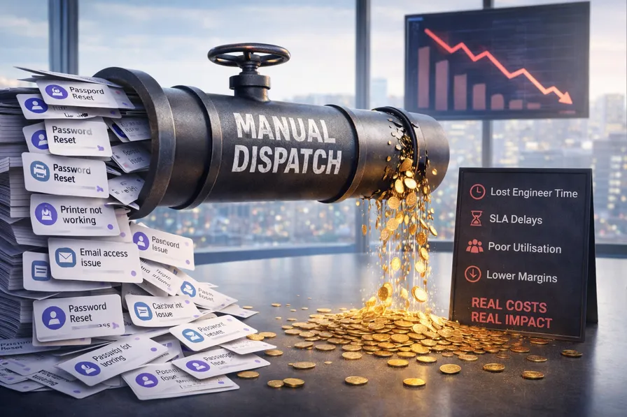 MSP helpdesk automation dashboard illustrating manual triage costs and ticket routing inefficiencies.